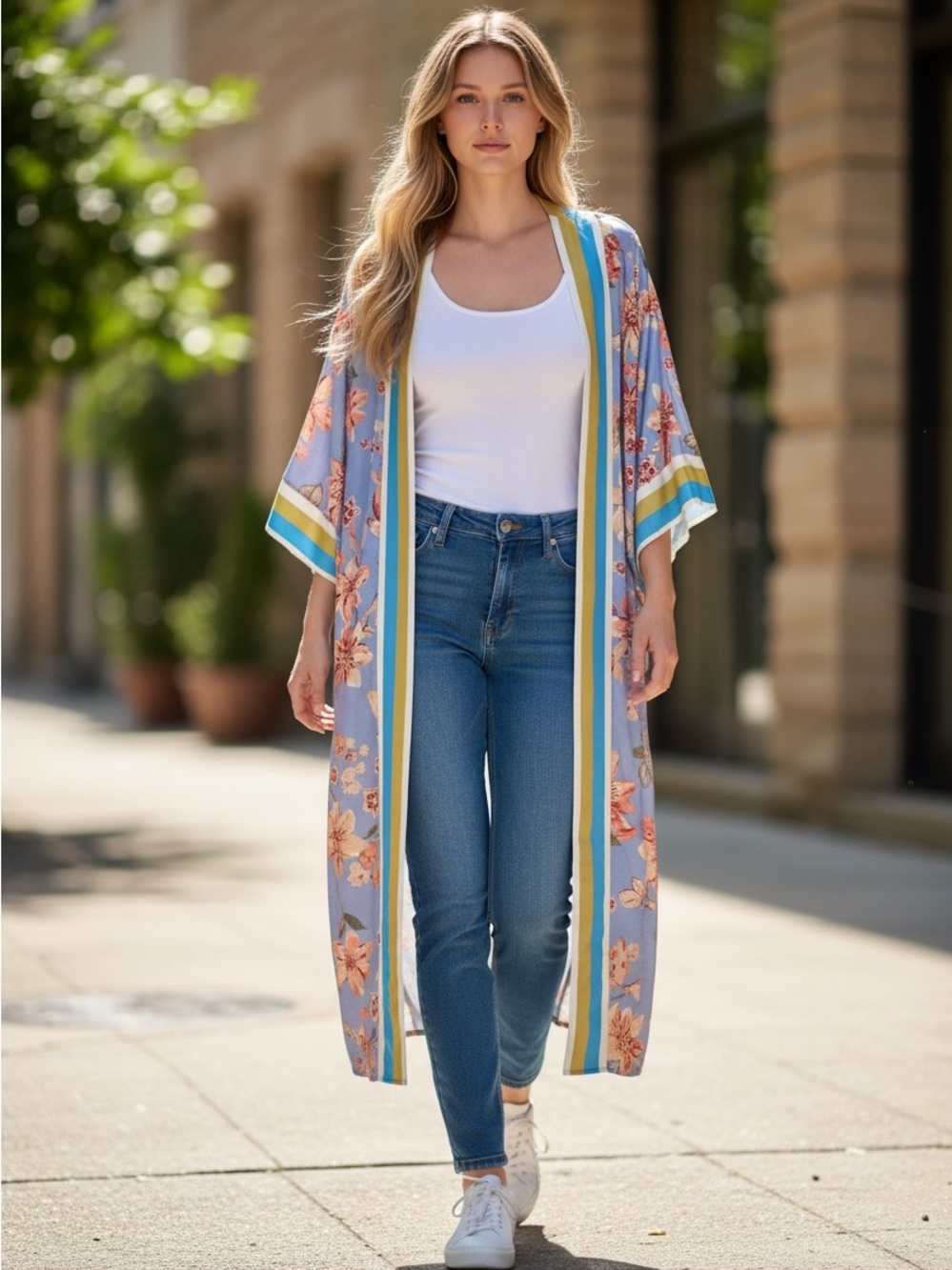 ODDI Light Blue Floral Kimono Cardigan with Stripe Trim - Women
